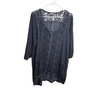 Tredy Blouse Women's 46 Gray Lace Round Neck Boho 3/4 Sleeve Mineral Wash